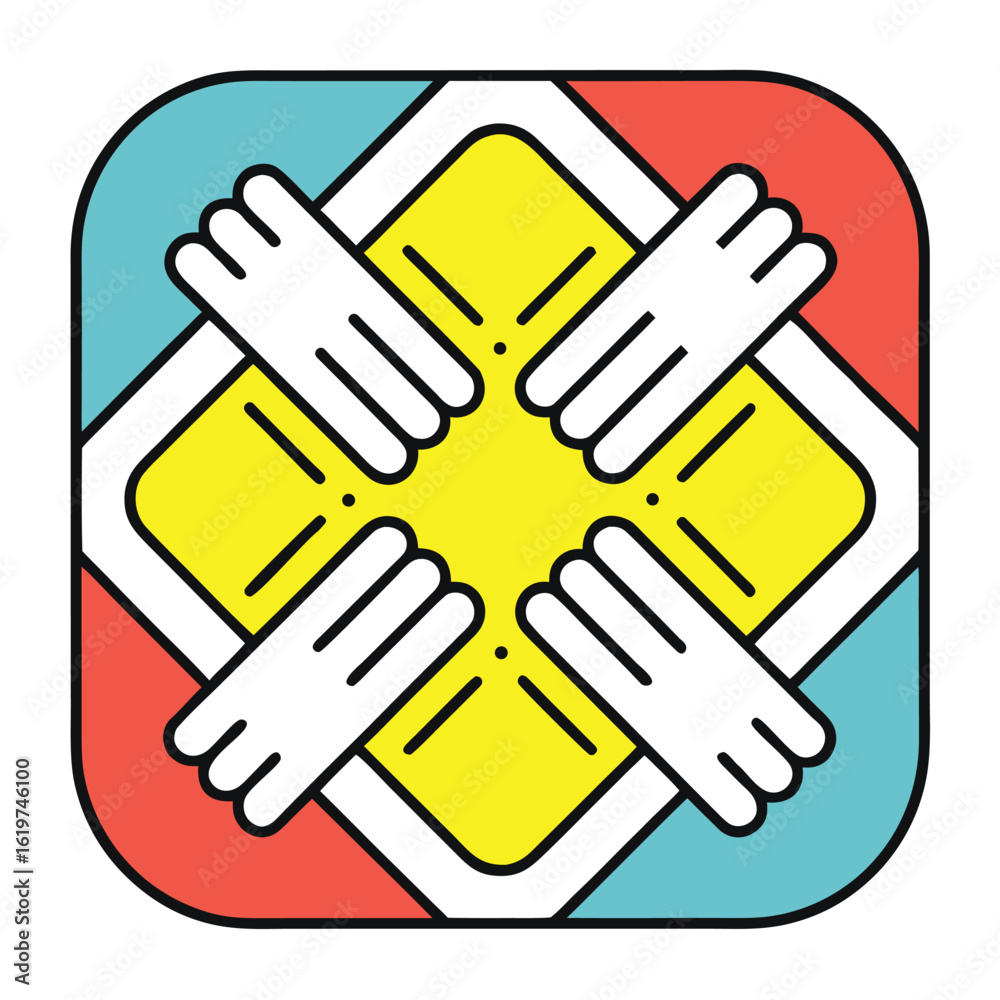 Obraz premium Teamwork and Collaboration Icon Featuring Interlocking Hands in a Colorful Square Design Symbolizing Unity Support and Partnership for Business Community and Social Projects