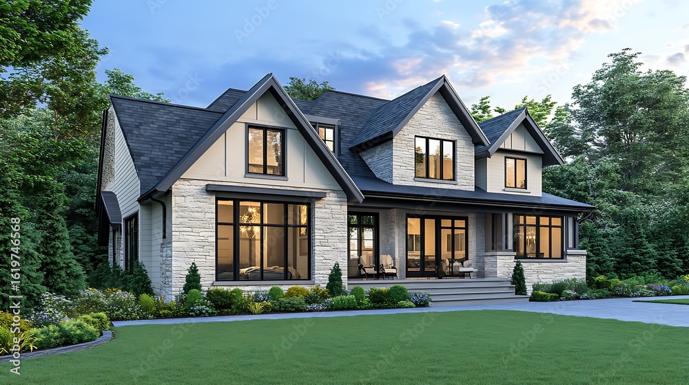 Obraz premium Exterior view of a modern stone house with a green lawn and surrounding trees at twilight time