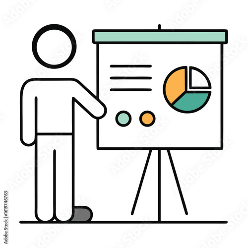 Presentation with a pie chart and data delivered by a simplified figure of a person standing next to the presentation screen business and finance