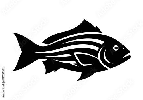 Stylized Tribal Fish Silhouette with Bold Markings and Clean Lines in Minimalist Black and White Vector Design