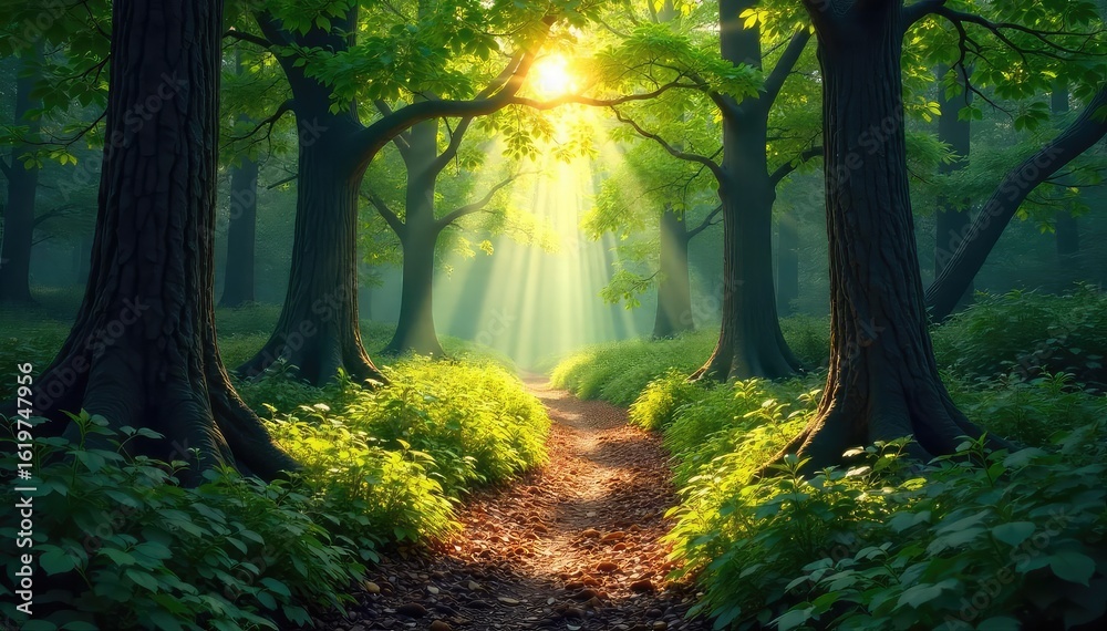 Obraz premium Sun-dappled forest path winds through dense woodland, dappled sunlight filtering through leaves, hinting at mystery and adventure within the hunting grounds , journey, branches