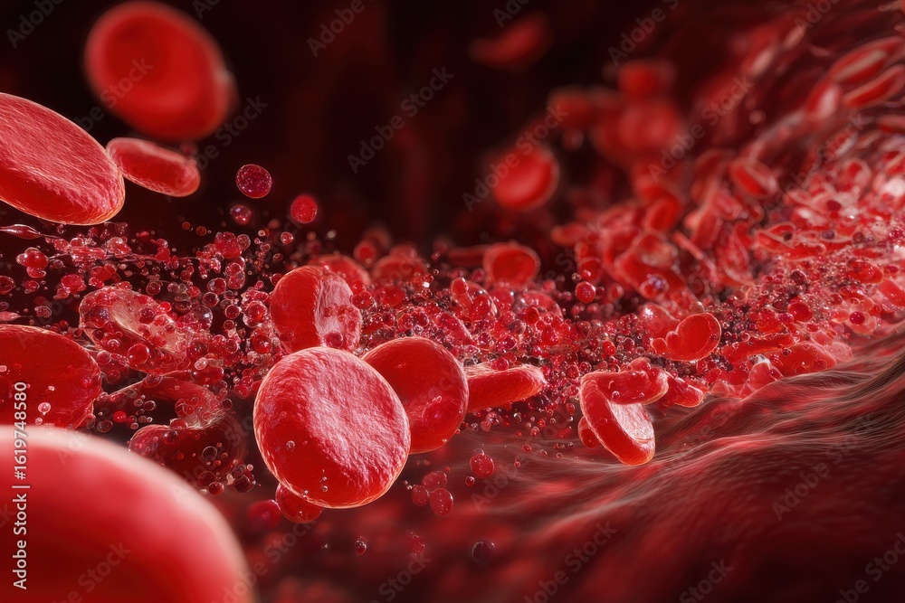 Fototapeta premium Blood cell red 3d background vein flow platelet wave cancer medicine artery abstract. Red cell hemoglobin blood donate anemia isolated plasma leukemia 