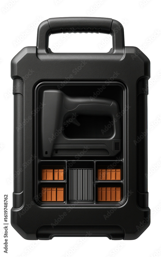 Obraz premium Plastic tool case with a built-in organizer for neatly storing electric staplers and fasteners in a DIY home project.