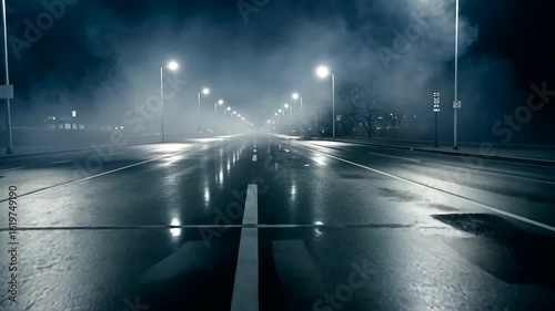 Atmospheric Night Road with Fog and Reflections Creating a Cinematic Mood Scene