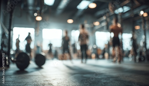 Blurred gym interior, many people working out