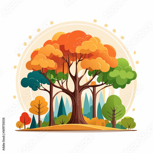 Illustration of Oak and teak tree sanctuary in a vibrant forest environment