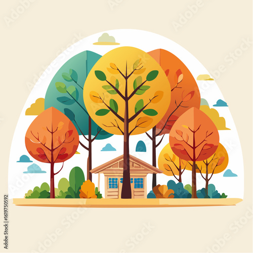 Illustration of Oak and teak tree sanctuary in a vibrant forest environment