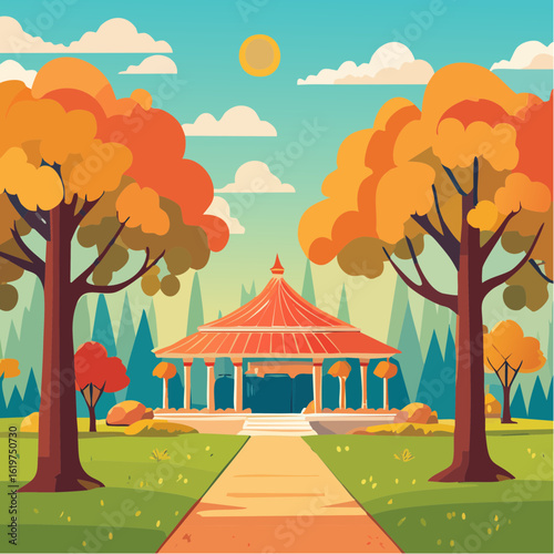 Illustration of Oak and teak tree sanctuary in a vibrant forest environment