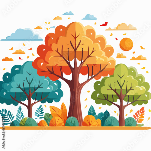 Illustration of Oak and teak tree sanctuary in a vibrant forest environment