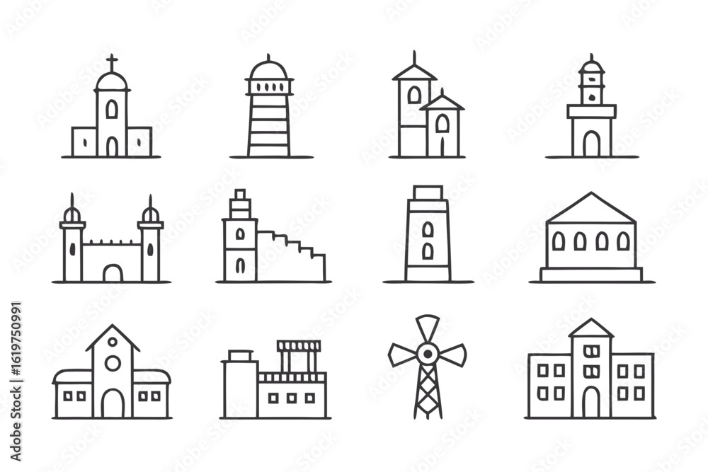 Naklejka premium Collection of hand drawn religious buildings and cross icons isolated on transparent background