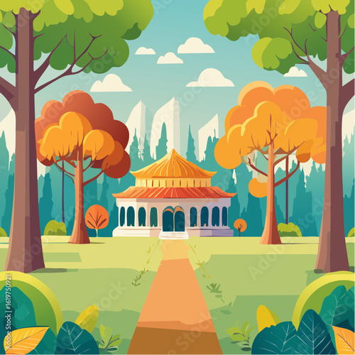 Illustration of Oak and teak tree sanctuary in a vibrant forest environment