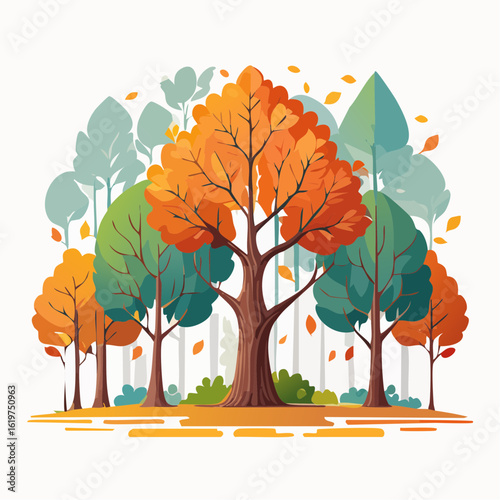 Illustration of Oak and teak tree sanctuary in a vibrant forest environment