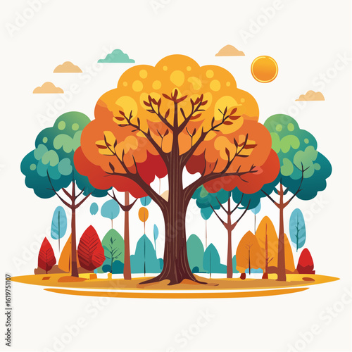 Illustration of Oak and teak tree sanctuary in a vibrant forest environment