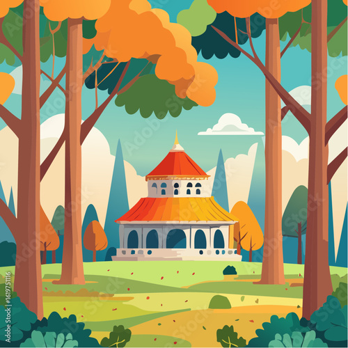 Illustration of Oak and teak tree sanctuary in a vibrant forest environment