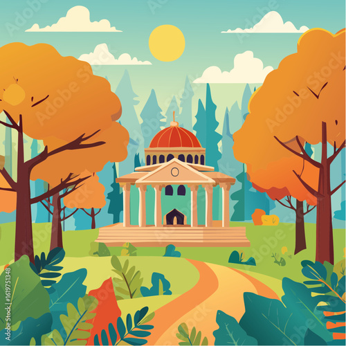 Illustration of Oak and teak tree sanctuary in a vibrant forest environment