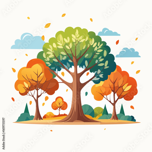 Illustration of Oak and teak tree sanctuary in a vibrant forest environment