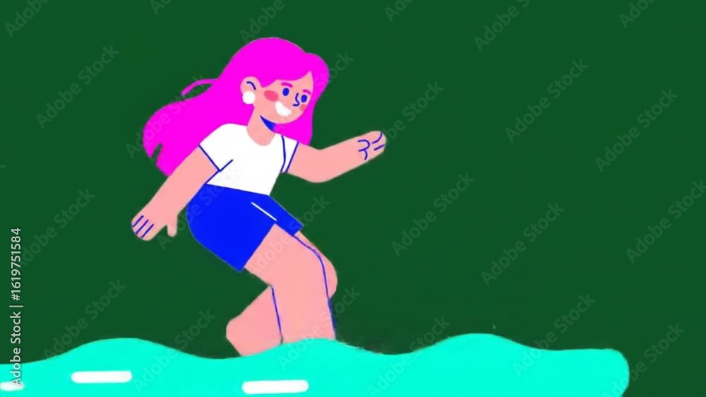 Walking Animated Woman with Pink Hair in Turquoise Water Walking Animated Woman with Pink Hair in Turquoise Water