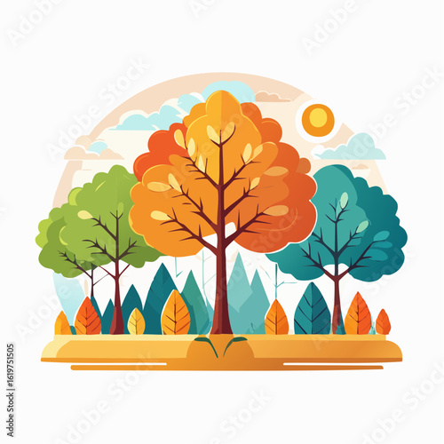 Illustration of Oak and teak tree sanctuary in a vibrant forest environment