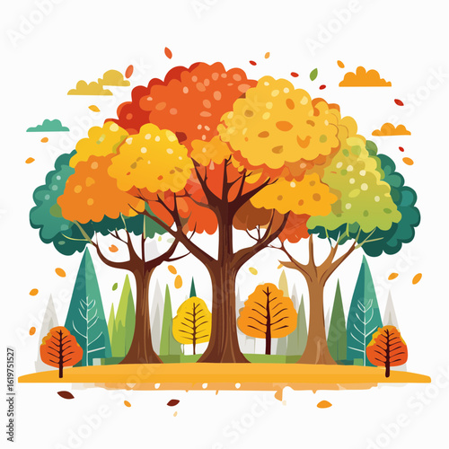 Illustration of Oak and teak tree sanctuary in a vibrant forest environment