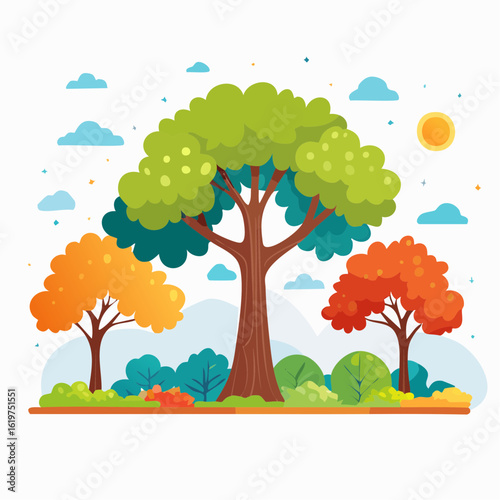 Illustration of Oak and teak tree sanctuary in a vibrant forest environment