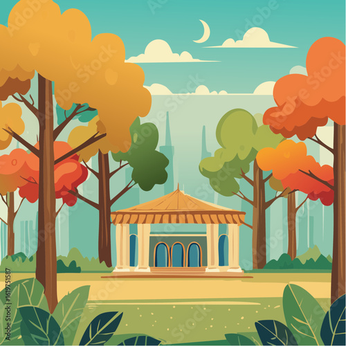 Illustration of Oak and teak tree sanctuary in a vibrant forest environment