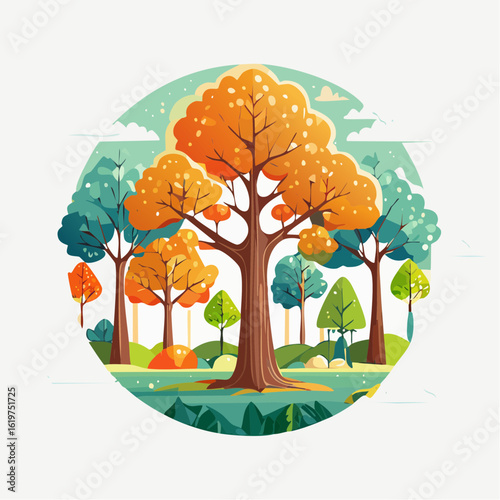 Illustration of Oak and teak tree sanctuary in a vibrant forest environment