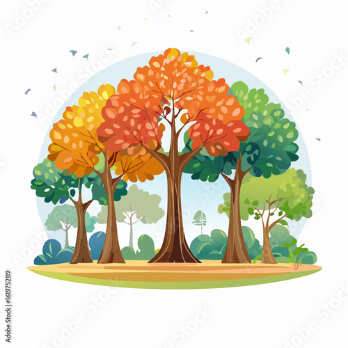 Illustration of Oak and teak tree sanctuary in a vibrant forest environment