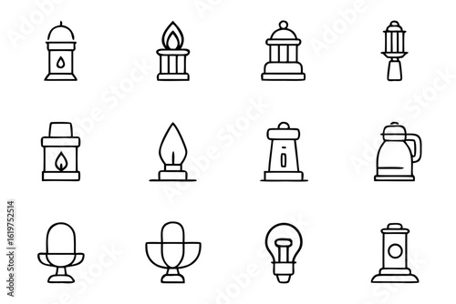 Collection of twelve different outline icons representing various types of lamps and lanterns isolated on transparent background