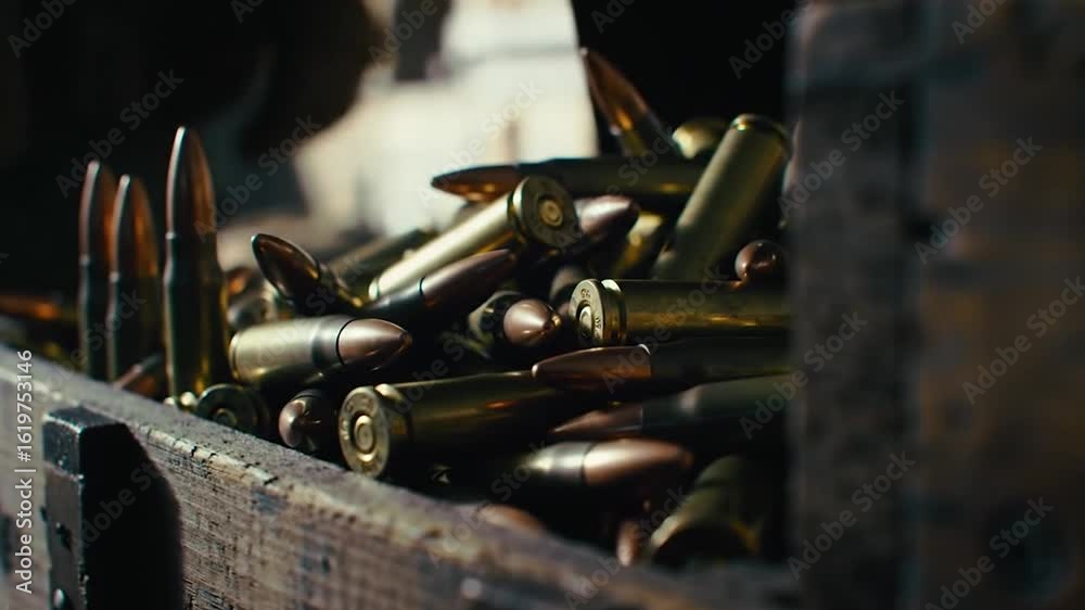 Shiny brass cartridges piled inside a dark, rustic ammunition container for a rifle. Shiny brass cartridges piled inside a dark, rustic ammunition container for a rifle.