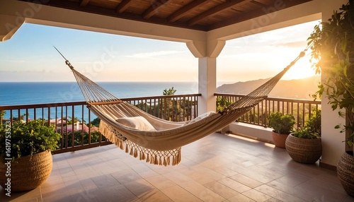 Sunset view from a balcony with a hammock