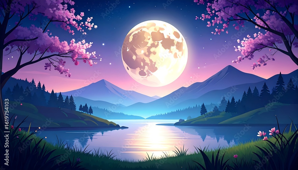 Fototapeta premium Peaceful mountain lake at night with full moon and cherry blossoms
