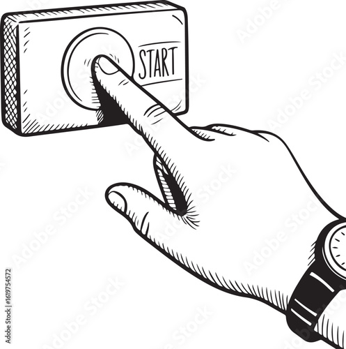 Hand Pushing Start Button Vector Illustration in Sketch Style on Plain Field