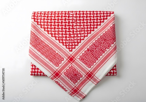 A folded traditional red and white keffiyeh, also known as a shemagh or ghutra, displaying its classic checkered pattern isolated on a clean white background.