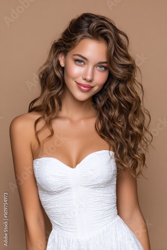 Beautiful female model, photo with a white strapless dress, light brown background