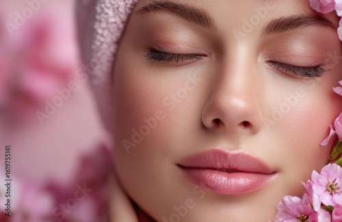 A portrait of an elegant woman with closed eyes, surrounded by delicate pink flowers and soft pastel colors, embodying the beauty concept for women's cosmetic products