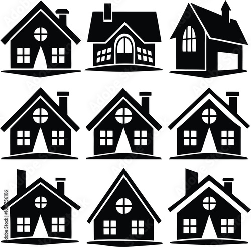 Collection of nine distinct black silhouette house icons featuring various architectural styles and roof designs