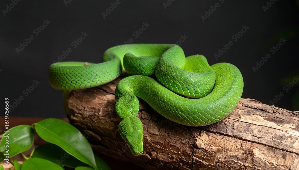 Fototapeta premium A vibrant green snake coiled on a textured log, surrounded by lush green foliage against a dark background