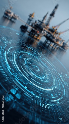 Futuristic Digital Interface with Oil Rig Background Representing Oil Industry Technology and Innovation