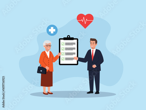 Vector illustration of a senior woman consulting with a healthcare professional, reviewing a health checklist