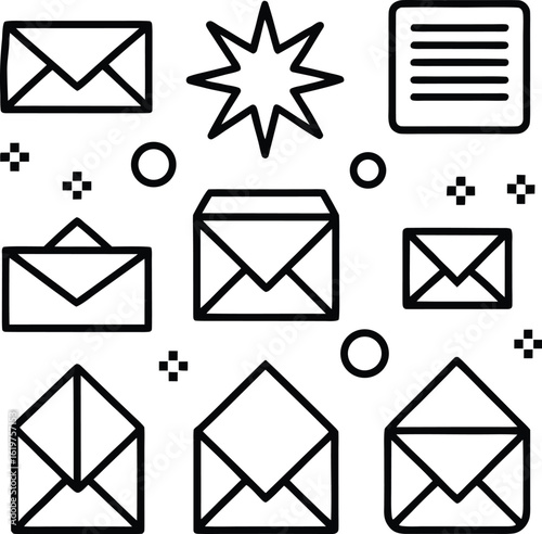 Collection of stylized line art icons representing various envelopes and communication symbols for digital use and design projects