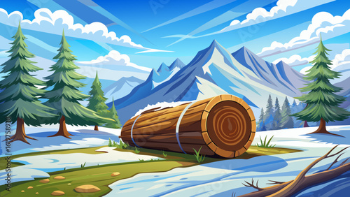 A massive log sits on the ground in front of a snow-covered hillside.