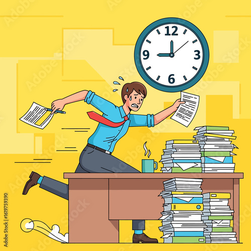 Anxious cartoon businessman running against time, overwhelmed by a massive pile of paperwork and a looming deadline clock.