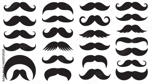 A collection of many different mustache designs in black silhouette on a white background design set