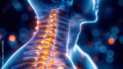 Anatomical illustration of a human neck and spine with glowing elements, showcasing the beauty of human anatomy in a modern style