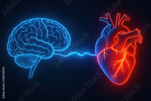 Brain and heart connected by glowing blue energy on a dark background