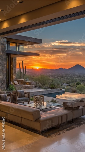 Luxury Modern Home Interior With Sunset Mountain View