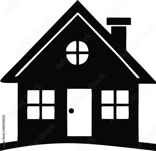 Simple silhouette of a traditional house with a gable roof chimney and four pane windows
