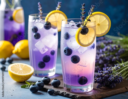Three tall glasses of iced lavender lemonade with blueberries and lemon slices