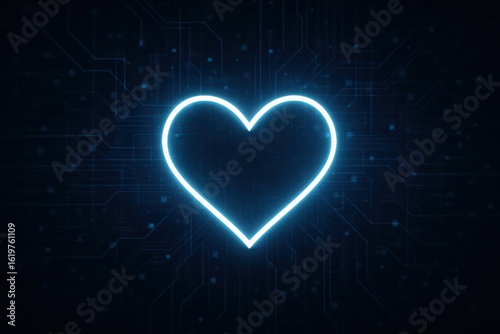 Glowing blue neon heart shape on a dark background with subtle particles