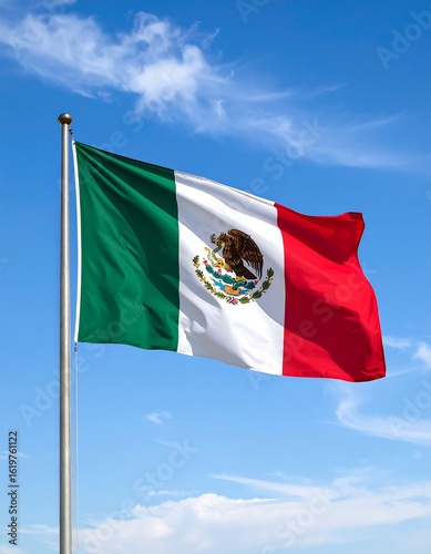 A vibrant national flag billows in a clear blue sky, punctuated by wispy white clouds